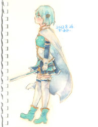 Rule 34 | 1girl, aqua footwear, blue hair, blue skirt, cape, closed mouth, dated, from side, full body, gloves, highres, holding, holding sword, holding weapon, mahou shoujo madoka magica, mahou shoujo madoka magica (anime), miki sayaka, pleated skirt, shin1ar24, short hair, skirt, solo, sword, thighhighs, traditional media, watercolor pencil (medium), weapon, white cape, white gloves, white thighhighs