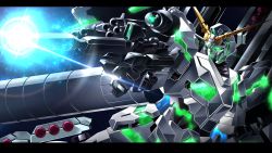 Rule 34 | absurdres, aiming, commission, full armor unicorn gundam, glowing, glowing eye, green eyes, gun, gundam, gundam unicorn, highres, holding, holding gun, holding weapon, letterboxed, looking to the side, mecha, missile pod, mobile suit, no humans, nt-d, papa-kun (destiny549-2), robot, science fiction, skeb commission, solo, unicorn gundam, v-fin, weapon
