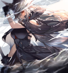 Rule 34 | 1girl, arknights, arm up, bare shoulders, black cape, black dress, black gloves, black headwear, cape, chinese commentary, commentary request, cowboy shot, dress, gladiia (arknights), gloves, hat, highres, holding, holding weapon, looking at viewer, mkt (pixiv15187870), red eyes, sideways glance, silver hair, smile, thighs, water, weapon, white background