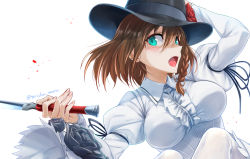 Rule 34 | 1girl, aqua eyes, braid, breasts, brown hair, charlotte corday (fate), charlotte corday (third ascension) (fate), fate/grand order, fate (series), fingernails, flower, hat, hat flower, juliet sleeves, knife, long sleeves, puffy sleeves, solo, torichamaru, twitter username, white background