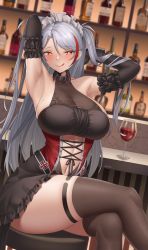 Rule 34 | 1girl, absurdres, alcohol, antenna hair, armpits, arms behind head, arms up, azur lane, bar (place), bar stool, bare shoulders, belt collar, black collar, black gloves, black thighhighs, blush, breasts, closed mouth, clothing cutout, collar, collarbone, commentary, cross, crossed legs, cup, detached sleeves, dress, drinking glass, dutch angle, elbow gloves, gloves, grey hair, hair between eyes, heart, heart-shaped pupils, highres, indoors, iron cross, large breasts, licking lips, long hair, looking at viewer, maid, maid headdress, mole, mole on breast, multicolored hair, navel, navel cutout, official alternate costume, orange eyes, presenting armpit, prinz eugen (azur lane), prinz eugen (kindred evening spirits) (azur lane), red hair, sideboob, sidelocks, signature, sitting, skindentation, sleeveless, sleeveless dress, smile, solo, stool, streaked hair, symbol-shaped pupils, thighhighs, tongue, tongue out, two side up, very long hair, whitter, wine, wine glass