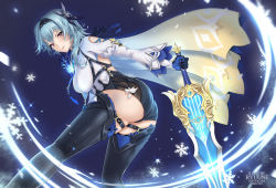 Rule 34 | 1girl, absurdres, ass, black thighhighs, breasts, cape, eula (genshin impact), genshin impact, gloves, hair ornament, half-closed eyes, highres, holding, holding sword, holding weapon, legs, long sleeves, ryuuneart, solo, sword, thighhighs, thighs, weapon, yellow eyes