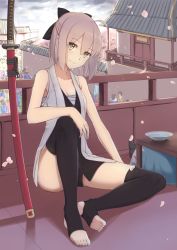 Rule 34 | 1girl, ahoge, architecture, bad id, bad pixiv id, bare arms, bare shoulders, barefoot, black bow, black dress, black thighhighs, bow, breasts, brown eyes, building, cleavage, collarbone, commentary request, cup, day, dress, east asian architecture, fate/grand order, fate (series), hair bow, hair ribbon, haori, head tilt, highres, japanese clothes, jilu, katana, kimono, koha-ace, light brown hair, looking at viewer, medium breasts, no shoes, okita souji (fate), okita souji (koha-ace), open clothes, open kimono, outdoors, petals, ribbon, sakazuki, sheath, sheathed, short hair, short kimono, silver hair, sitting, smile, soles, solo, solo focus, stirrup legwear, sword, thighhighs, toeless legwear, weapon, white kimono
