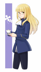 Rule 34 | 1girl, blonde hair, ascot, cup, glasses, long hair, pantyhose, perrine h. clostermann, rikizo, semi-rimless eyewear, smile, solo, strike witches, teacup, under-rim eyewear, uniform, world witches series, yellow eyes