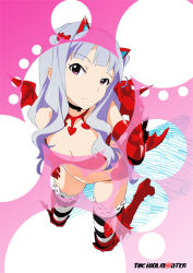 Rule 34 | 1girl, amemiya akira, animal ears, bat wings, boots, breasts, cat ears, cat girl, cleavage, collar, cosplay, elbow gloves, female focus, from above, gloves, hair ornament, hairband, hairpin, idolmaster, idolmaster (classic), kneeling, long hair, nightmare blood, official art, pink eyes, shijou takane, silver hair, solo, thigh boots, thighhighs, wings
