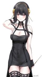 Rule 34 | 1girl, bare shoulders, black dress, black hair, blush, breasts, cleavage, collarbone, dagger, dress, earrings, flower, gold earrings, gold hairband, hair flower, hair ornament, hairband, highres, holding, holding dagger, holding knife, holding weapon, jewelry, kaetzchen, knife, large breasts, long hair, looking at viewer, red eyes, rose, sidelocks, solo, spy x family, thighs, weapon, yor briar