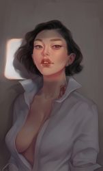 Rule 34 | 1girl, absurdres, bite mark, black hair, blood, breasts, brown eyes, collarbone, earrings, highres, jewelry, lips, looking at viewer, medium breasts, no bra, open clothes, open shirt, original, othalama, parted lips, shirt, short hair, solo, upper body, wavy hair, white shirt