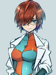 Rule 34 | 1girl, alternate hair length, alternate hairstyle, android, android 21, black-framed eyewear, blue eyes, breasts, brown hair, checkered clothes, checkered dress, dragon ball, dragon ball fighterz, dress, earrings, glasses, hair over one eye, hoop earrings, jewelry, kemachiku, lab coat, looking at viewer, medium breasts, short hair, solo, straight hair