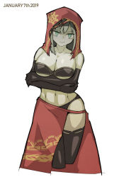 Rule 34 | 1girl, arms under breasts, bare pectorals, bare shoulders, black bra, black gloves, black panties, black thighhighs, bra, breasts, cleavage, collarbone, colored skin, commentary request, dark souls (series), dark souls i, dated, desert sorceress, detached hood, dot nose, elbow gloves, gloves, green eyes, green hair, green skin, highres, hood, large breasts, looking at viewer, navel, no feet, panties, pectorals, red hood, red skirt, ryuukotsu, simple background, skirt, smile, solo, standing, strapless, strapless bra, thighhighs, underwear, white background