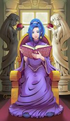 Rule 34 | 1girl, 3d, 3d background, absurdres, artist name, blender (medium), blue eyes, blue hair, book, chrono trigger, commentary, earrings, english commentary, food, fruit, highres, holding, holding book, indoors, jewelry, krita (medium), looking at viewer, necklace, open book, pendant, ponytail, purple robe, robe, schala zeal, sitting, solo, statue, tushantin, window