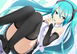 Rule 34 | 1girl, abmayo, aqua eyes, arm tattoo, bare shoulders, between breasts, black footwear, black skirt, black thighhighs, blue hair, boots, breasts, closed mouth, collared shirt, convenient leg, detached sleeves, dutch angle, fingers together, hair between eyes, hatsune miku, headphones, highres, knees together feet apart, long hair, long sleeves, looking at viewer, miniskirt, nail polish, necktie, necktie between breasts, number tattoo, pink nails, pleated skirt, purple necktie, shirt, skirt, sleeveless, sleeveless shirt, small breasts, smile, solo, squatting, steepled fingers, tattoo, thigh boots, thighhighs, thighs, twintails, very long hair, vocaloid, white shirt, wing collar