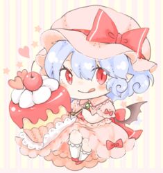 Rule 34 | 1girl, bat wings, blue hair, bow, brooch, chibi, cupcake, dress, hat, hat bow, jewelry, licking lips, lowres, maru usagi, pink dress, red bow, red ribbon, remilia scarlet, ribbon, short hair, short sleeves, solo, tongue, tongue out, touhou, white legwear, wings