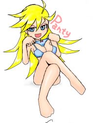 Rule 34 | 10s, 1girl, bare shoulders, barefoot, blonde hair, blue bra, blue panties, blush, bra, breasts, covering privates, female focus, full body, kagibane, legs, lingerie, long hair, open mouth, panties, panty &amp; stocking with garterbelt, panty (psg), sitting, smile, solo, tongue, underwear, white background