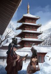 Rule 34 | 2girls, architecture, black hair, brown hair, calligraphy brush, commentary, earrings, east asian architecture, hanbok, hat, jewelry, korean clothes, long hair, multiple girls, original, pagoda, paintbrush, ponytail, snow, snowman, tate eboshi, wide sleeves, winter, yong-gok