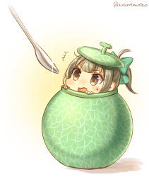 Rule 34 | 10s, 1girl, ^^^, ahoge, blunt bangs, blush, blush stickers, bow, brown eyes, chibi, food, fruit, fruit cup, furrowed brow, glint, gradient background, green bow, greyscale, hair bow, in food, kantai collection, melon, mk, monochrome, open mouth, peeking out, ponytail, short hair, sidelocks, solo, spoon, sweat, tareme, twitter username, wavy mouth, yellow background, yuubari (kancolle)