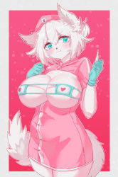 Rule 34 | 1girl, absurdres, animal ears, blue eyes, blush, breasts, cleavage, closed mouth, fang, fang out, furry, furry female, hat, highres, large breasts, looking at viewer, momomofura, nurse, nurse cap, original, short hair, smile, solo, tail, white hair, wolf ears, wolf girl, wolf tail