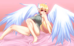 Rule 34 | 1girl, angel wings, astraea (sora no otoshimono), bare shoulders, blonde hair, blush, breasts, female focus, gradient background, hair ornament, highres, legs, red eyes, solo, sora no otoshimono, turtleneck, wings