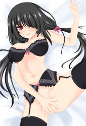 Rule 34 | 10s, 1girl, bare shoulders, bed sheet, black bra, black hair, black thighhighs, blush, bottomless, bow, bra, breasts, cleavage, covering privates, covering crotch, date a live, female focus, from above, garter belt, garter straps, hair over one eye, highres, lingerie, long hair, looking at viewer, low twintails, lying, navel, no panties, on back, red eyes, ribbon, senra banshou, smile, solo, spread legs, thighhighs, tokisaki kurumi, twintails, underwear