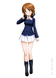 Rule 34 | 10s, 1girl, absurdres, boots, brown eyes, brown hair, female focus, full body, girls und panzer, headphones, headphones around neck, highres, nishizumi miho, official art, school uniform, short hair, simple background, skirt, solo, standing, throat microphone, uniform, white background
