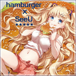 Rule 34 | 1girl, bad id, bad pixiv id, belly, blonde hair, blue eyes, breasts, earrings, eating, food, food on face, hair ornament, hairclip, burger, jewelry, licking lips, long hair, lying, midriff, navel, on back, seeu, shorts, solo, strap slip, tank top, tongue, tongue out, vocaloid, wavy hair, yunco, yuzuki kihiro