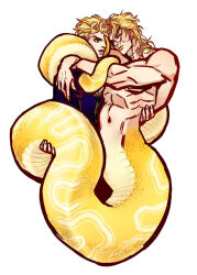 Rule 34 | 2boys, birthmark, blonde hair, carrying, carrying person, closed eyes, closed mouth, completely nude, dio brando, earrings, father and son, fingernails, full body, giorno giovanna, green eyes, hands up, highres, huang lia, jewelry, joestar birthmark, jojo no kimyou na bouken, lamia boy, male focus, medium hair, monster boy, monsterification, multiple boys, muscular, muscular male, navel, nude, open mouth, scales, scar, scar on neck, sharp fingernails, short hair, simple background, stardust crusaders, vento aureo, white background, yellow lips, yellow nails, yellow scales