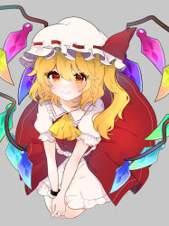Rule 34 | 1girl, absurdres, ascot, blonde hair, closed mouth, crystal, dress, flandre scarlet, front slit, hat, hat ribbon, highres, looking at viewer, mob cap, necono (nyu6poko), one side up, own hands together, red dress, red eyes, red ribbon, ribbon, short sleeves, smile, solo, touhou, v arms, white hat, wings, yellow ascot