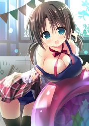 Rule 34 | 1girl, :d, bare shoulders, black thighhighs, blush, breasts, brown hair, cleavage, clock, clothes lift, collarbone, commentary request, day, green eyes, hair between eyes, hair ornament, hair ribbon, hairclip, head tilt, highres, holding, indoors, large breasts, leaning forward, looking at viewer, low twintails, nagayama yuunon, neck ribbon, old school swimsuit, one-piece swimsuit, open mouth, original, pennant, plaid, plaid skirt, red ribbon, red skirt, ribbon, school swimsuit, shirt, shirt down, sidelocks, skirt, skirt lift, smile, solo, standing, strap slip, string of flags, sunlight, swimsuit, swimsuit under clothes, tareme, thighhighs, twintails, wading pool, white ribbon, white shirt, window