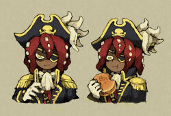 Rule 34 | 1boy, ascot, black coat, coat, cropped torso, eating, epaulettes, eyepatch, food, gloves, high collar, holding, holding food, horizontal pupils, looking at viewer, maniani, octopus boy, octopus print, original, pirate, red hair, straight-on, tentacle hair, white ascot, yellow eyes