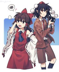 Rule 34 | 2girls, ascot, black hair, blue ascot, bow, brown jacket, brown shorts, camera, closed mouth, collared shirt, detached sleeves, frilled bow, frilled hair tubes, frills, hair bow, hair tubes, hakurei reimu, hand on own head, hand on own hip, hat, hauchiwa, holding, holding camera, jacket, long sleeves, multiple girls, necktie, no wings, open mouth, pointy ears, re ghotion, red bow, red eyes, red necktie, red skirt, ribbon-trimmed sleeves, ribbon trim, shameimaru aya, shameimaru aya (newsboy), shirt, short hair, shorts, skirt, skirt set, smile, speech bubble, squiggle, suit jacket, sweatdrop, tokin hat, touhou, tsundere, white shirt
