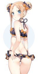Rule 34 | 1girl, abigail williams (emerald float) (fate), abigail williams (fate), ass, back, bare shoulders, bikini, black bikini, black bow, blonde hair, blue eyes, blush, bow, double bun, emerald float, fate/grand order, fate (series), forehead, frilled bikini, frills, hair bow, hair bun, has bad revision, has downscaled revision, highres, hip focus, long hair, md5 mismatch, official alternate costume, open mouth, orange bow, parted bangs, polka dot, polka dot bow, resolution mismatch, sino (sionori), solo, source smaller, swimsuit, thighs, wet, white background