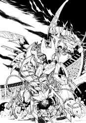 Rule 34 | 6+others, arm cannon, cable, colosseum, commentary, crowd, dc comics, dust, english commentary, faceless, greyscale, highres, lineart, mecha, monochrome, multiple others, nick roche, robot, running, solo, weapon