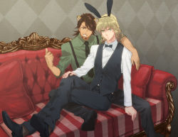 Rule 34 | 10s, 2boys, animal ears, barnaby brooks jr., blonde hair, bow, bowtie, brown eyes, brown hair, cabbie hat, cape, cat boy, cat ears, couch, facial hair, fighting, formal, glasses, green eyes, hat, kaburagi t. kotetsu, male focus, multiple boys, necktie, okojo (qqww), rabbit ears, red upholstery, short hair, sitting, smile, stubble, suspenders, tiger &amp; bunny, tiger ears, traditional bowtie, vest, waistcoat