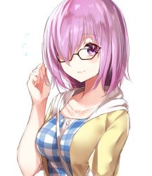 Rule 34 | 1girl, blue shirt, blush, breasts, collarbone, fate/grand order, fate (series), glasses, hair over one eye, hood, hoodie, kaerunoko, large breasts, looking at viewer, mash kyrielight, mash kyrielight (senpai killer outfit), official alternate costume, plaid, plaid shirt, purple eyes, purple hair, shirt, short hair, smile, solo