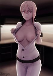 Rule 34 | 10s, 1girl, artist name, backlighting, blonde hair, blurry, blurry background, breasts, breasts apart, buttons, chef, closed mouth, collarbone, commentary request, cowboy shot, hair between eyes, highres, large areolae, lips, looking at viewer, medium breasts, nakiri alice, nipples, no bra, open clothes, pants, red eyes, shokugeki no souma, short hair, short sleeves, single sidelock, smile, solo, standing, tsurime, undressing, white pants, zoryc