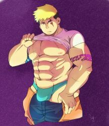 Rule 34 | 1boy, abs, aqua male underwear, arm tattoo, bara, bare pectorals, blonde hair, briefs, bulge, clothes pull, cropped legs, frown, large pectorals, lifting own clothes, looking at viewer, male focus, male underwear, multicolored hair, muscular, muscular male, navel, nipples, onogami tetsuya, pants, pants pull, pectorals, ragi san (ononokomachiimo), scar, scar across eye, scar on arm, scar on chest, scar on face, shirt, short hair, solo, stomach, strongman waist, t-shirt, tattoo, tokyo houkago summoners, two-tone hair, undercut, underwear, undressing
