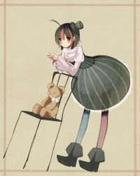 Rule 34 | 1girl, asymmetrical legwear, bad id, bad pixiv id, black footwear, black hair, blue pantyhose, blush, bodice, boots, bubble skirt, chair, dress, hat, high waist, highres, juliet sleeves, lace, lace-trimmed dress, lace trim, leaning, long sleeves, mikuri yoru, mini hat, mini top hat, mismatched legwear, multicolored hair, original, own hands together, pantyhose, patterned legwear, pink pantyhose, polka dot, polka dot legwear, puffy sleeves, red eyes, see-through, shoes, short hair, skirt, smile, solo, stuffed animal, stuffed toy, teddy bear, top hat, toy, two-tone hair