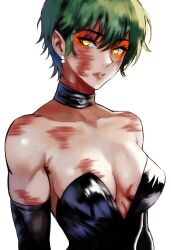 Rule 34 | 1girl, bare shoulders, breasts, burn scar, cleavage, earrings, green hair, highres, jewelry, jujutsu kaisen, makeup, muscular, muscular female, scar, scar on arm, scar on face, short hair, simple background, solo, too many, too many scars, vcais, white background, yellow eyes, zen&#039;in maki