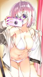 Rule 34 | 1girl, bad id, bad twitter id, bikini, breasts, camera phone, cellphone, cleavage, commentary request, fate/grand order, fate (series), feet out of frame, glasses, hair over one eye, highres, holding, holding phone, jacket, large breasts, light purple hair, mash kyrielight, navel, open clothes, open jacket, phone, pink curtains, purple eyes, purple hair, reflection, room, selfie, shimeji (4 me ji), short hair, side-tie bikini bottom, solo, swimsuit, white bikini, yellow background