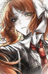 Rule 34 | 1girl, black jacket, bow, brown hairband, collared shirt, freckles, green eyes, hair bow, hairband, highres, ishmael (project moon), jacket, limbus company, long hair, looking at viewer, luull, necktie, orange hair, pale skin, parted lips, project moon, red necktie, shirt, solo, teeth, upper body, very long hair, white bow, white shirt, wing collar