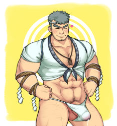 Rule 34 | 1boy, abs, bad id, bad pixiv id, bara, beard, between pectorals, blush, bulge, chest hair, covered erect nipples, cowboy shot, cum, cum in clothes, cum through clothes, erection, erection under clothes, facial hair, fuhan (fuhan130), fundoshi, hachimaki, halo, halo behind head, happi, headband, heart, highres, japanese clothes, jewelry, large pectorals, leg hair, male focus, male pubic hair, mature male, midriff, muscular, muscular male, navel, navel hair, necklace, nipples, pectoral cleavage, pectorals, penis, penis peek, pubic hair, rope, short hair, sideburns, smile, solo, stomach, stubble, thick eyebrows, thick thighs, thighs, tokyo houkago summoners, water deity (housamo)