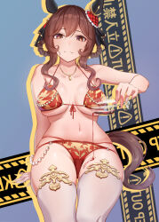 1girl animal_ears bikini braid braided_hair_rings breasts brown_hair cup drinking_glass ear_covers front-tie_bikini_top front-tie_top gentildonna_(umamusume) hair_between_eyes hair_rings heart_ear_ornament highres holding holding_cup horse_ears horse_girl horse_tail large_breasts looking_at_viewer navel pouring pouring_onto_self red_bikini red_eyes smile solo swimsuit tail umamusume yonemochi_yume