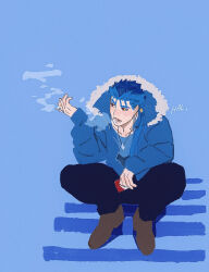 Rule 34 | 1boy, between fingers, black pants, black shirt, blue background, blue hair, blue jacket, blush, brown footwear, cigarette, cigarette pack, collarbone, cu chulainn (fate), earrings, fate (series), fur-trimmed jacket, fur trim, hal (haaaalhal), highres, holding, holding cigarette, holding cigarette pack, hood, hooded jacket, jacket, jewelry, long hair, long sleeves, looking to the side, lower teeth only, male focus, marlboro, necklace, open mouth, pants, red eyes, shirt, signature, sitting, smoke, smoking, solo, stairs, teeth