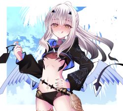 Rule 34 | 1girl, akizawa619, bikini, black bikini, black jacket, blush, breasts, cropped jacket, dragon wings, fate/grand order, fate (series), forked eyebrows, high ponytail, highres, jacket, licking lips, long hair, long sleeves, looking at viewer, melusine (fate), melusine (swimsuit ruler) (fate), melusine (swimsuit ruler) (first ascension) (fate), nail polish, navel, shrug (clothing), sidelocks, small breasts, smile, solo, stomach tattoo, swimsuit, tail, tattoo, thighlet, thighs, tongue, tongue out, white hair, wings, yellow eyes
