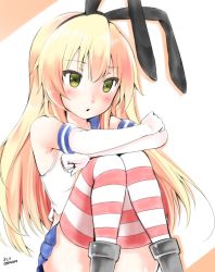 Rule 34 | 10s, 1girl, animal ears, blonde hair, blush, crop top, elbow gloves, fake animal ears, gloves, green eyes, highres, kantai collection, long hair, looking at viewer, miniskirt, open mouth, rabbit ears, shimakaze (kancolle), sitting, skirt, solo, striped clothes, striped thighhighs, thighhighs, yoshiki (bpmaxm)