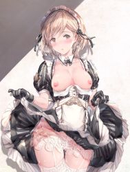 Rule 34 | 1girl, alternate costume, apron, bad id, bad pixiv id, black dress, black gloves, braid, breasts, breasts out, brown eyes, brown hair, clothes lift, collar, commentary request, detached collar, djeeta (granblue fantasy), dress, dress lift, enmaided, frilled apron, frills, garter belt, gloves, gluteal fold, granblue fantasy, heavy breathing, lifting own clothes, looking at viewer, maid, maid headdress, medium breasts, milli little, nipples, panties, parted lips, puffy short sleeves, puffy sleeves, short hair, short sleeves, side braid, single braid, solo, thigh gap, thighhighs, twitter username, underwear, waist apron, white apron, white collar, white panties, white thighhighs, wing collar