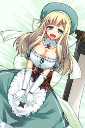 Rule 34 | 10s, 1girl, :d, apron, bare shoulders, belt pouch, blonde hair, blunt bangs, blush, breasts, cleavage, detached collar, detached sleeves, dress, gloves, green dress, green eyes, hair ornament, hairclip, hat, large breasts, long hair, looking at viewer, lowres, lying, miyashiro sousuke, on back, open mouth, pouch, puffy short sleeves, puffy sleeves, senran kagura, short sleeves, smile, solo, v arms, waist apron, white gloves, yomi (senran kagura)