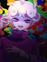 Rule 34 | 1boy, ahoge, bede (pokemon), coat, commentary, creatures (company), curly hair, eyelashes, eyeshadow, game freak, gvzzgl, hand up, high collar, holding pill, makeup, male focus, multicolored background, nintendo, open mouth, pill, pokemon, pokemon swsh, purple coat, purple eyes, short hair, solo, symbol-only commentary, teeth, tongue, upper body, upper teeth only, white hair