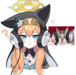 Rule 34 | 1girl, ?, absurdres, animal, blue archive, blue eyes, blue neckerchief, blush, braid, cat, closed mouth, coif, collarbone, dalgam12, flying sweatdrops, habit, hair between eyes, halo, headphones, highres, long hair, mari (blue archive), meme, neckerchief, nun, orange hair, photo-referenced, reference inset, sailor collar, simple background, single braid, solo, white background, white sailor collar, yellow halo