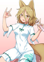 Rule 34 | 1girl, :3, animal ears, arms up, blonde hair, brown eyes, corked bottle, covered navel, fox ears, fox girl, fox shadow puppet, fox tail, green ribbon, hair between eyes, hair in eyes, highres, holding, holding test tube, itou yuuji, kudamaki tsukasa, looking at viewer, mandarin collar, open mouth, ribbon, romper, short hair, solo, squatting, tabi, tail, test tube, touhou, unconnected marketeers, white romper