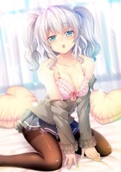 Rule 34 | 1girl, :o, aqua eyes, bare shoulders, bed, bed sheet, blue skirt, blush, bra, breasts, brown pantyhose, cleavage, collarbone, curtains, feet out of frame, frilled bra, frilled sleeves, frills, grey shirt, half-closed eyes, heart, heart-shaped pillow, indoors, izumi akane, kantai collection, kashima (kancolle), kneeling, leaning forward, long sleeves, looking at viewer, medium breasts, miniskirt, off shoulder, on bed, open clothes, open mouth, open shirt, panties, panties under pantyhose, pantyhose, pillow, pink bra, pleated skirt, red ribbon, ribbon, shiny skin, shirt, short hair, short twintails, silver hair, skirt, solo, thighband pantyhose, twintails, underwear, wavy hair